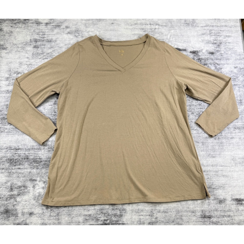 Belle by Kim Gravel Womens 1X Tan V-Neck Egyptian Cotton Modal Top Long Sleeve